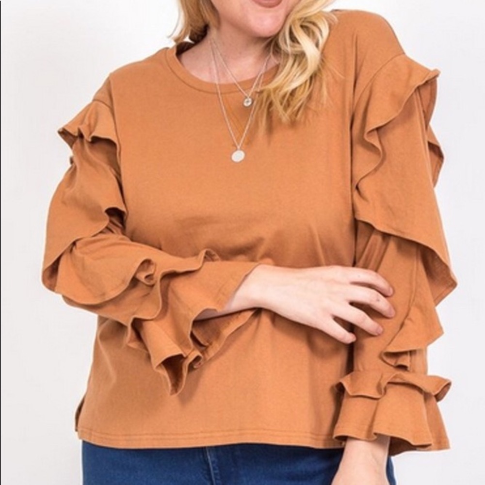 CAMEL SOLID RUFFLED SLEEVE TOP